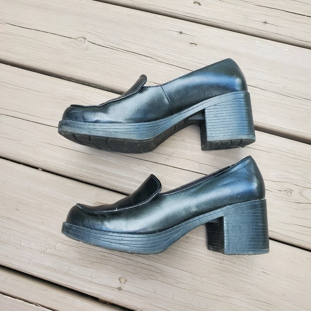 Vintage 90s y2k Bratz Black‎ Vegan Leather Platform Oxford Chunky Heel Loafers 8
